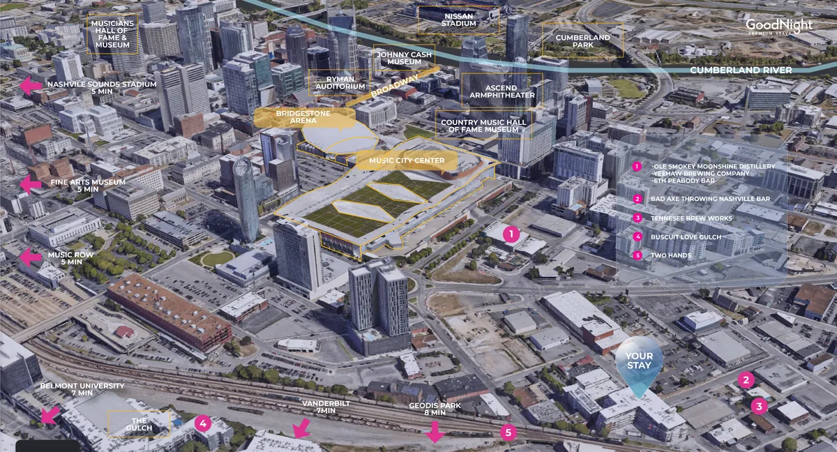 A sweeping cityscape view featuring several of Nashville's iconic landmarks, including the Nashville Sounds Stadium, the Country Music Hall of Fame, and Bridgestone Arena. The energy of the city is palpable, with parks and architectural attractions visible, suggesting a vibrant downtown experience.